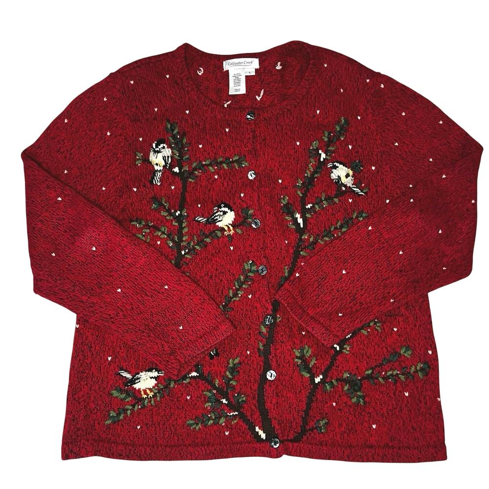 Vintage 90s Grandmacore Red Embroidered Cardigan Birds Hearts Cottagecore Size L